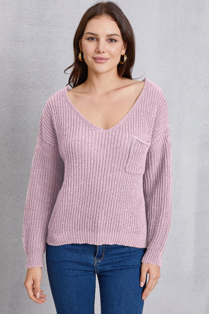 V-Neck Pocketed Dropped Shoulder Knit Top