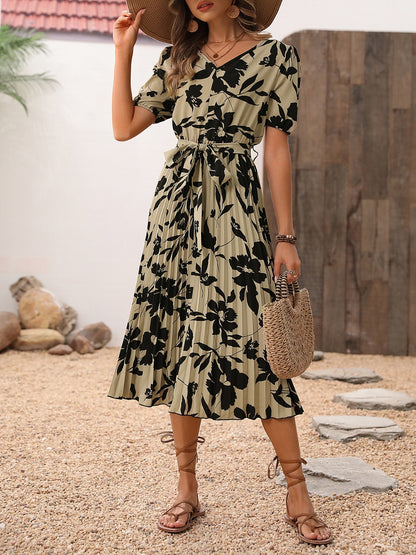 Tied Printed V-Neck Short Sleeve Pleated Dress