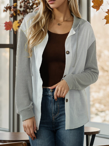 Contrast Button Up Drawstring Hooded Shirt