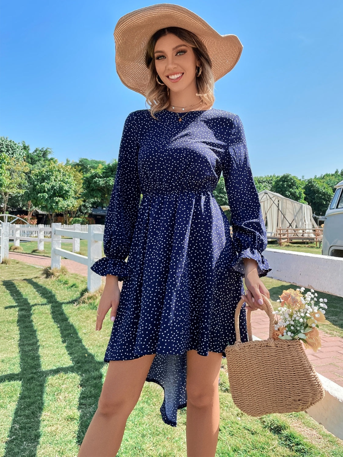 Printed Round Neck Long Sleeve Dress