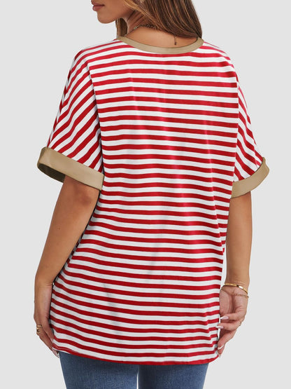 Contrast Striped Round Neck Half Sleeve T-Shirt
