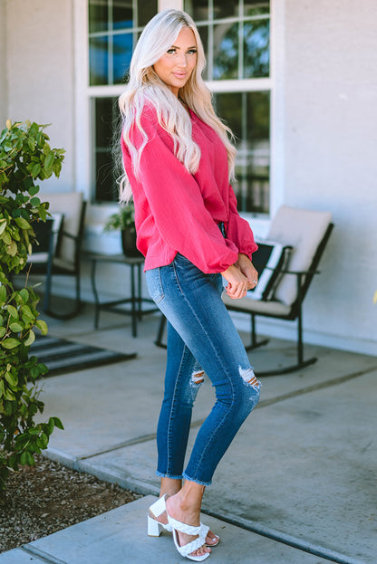 Notched Balloon Sleeve Blouse