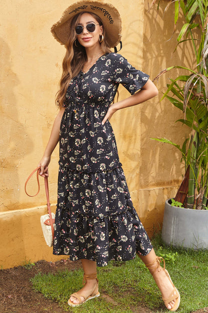 Perfee Printed Tied V-Neck Short Sleeve Midi Dress