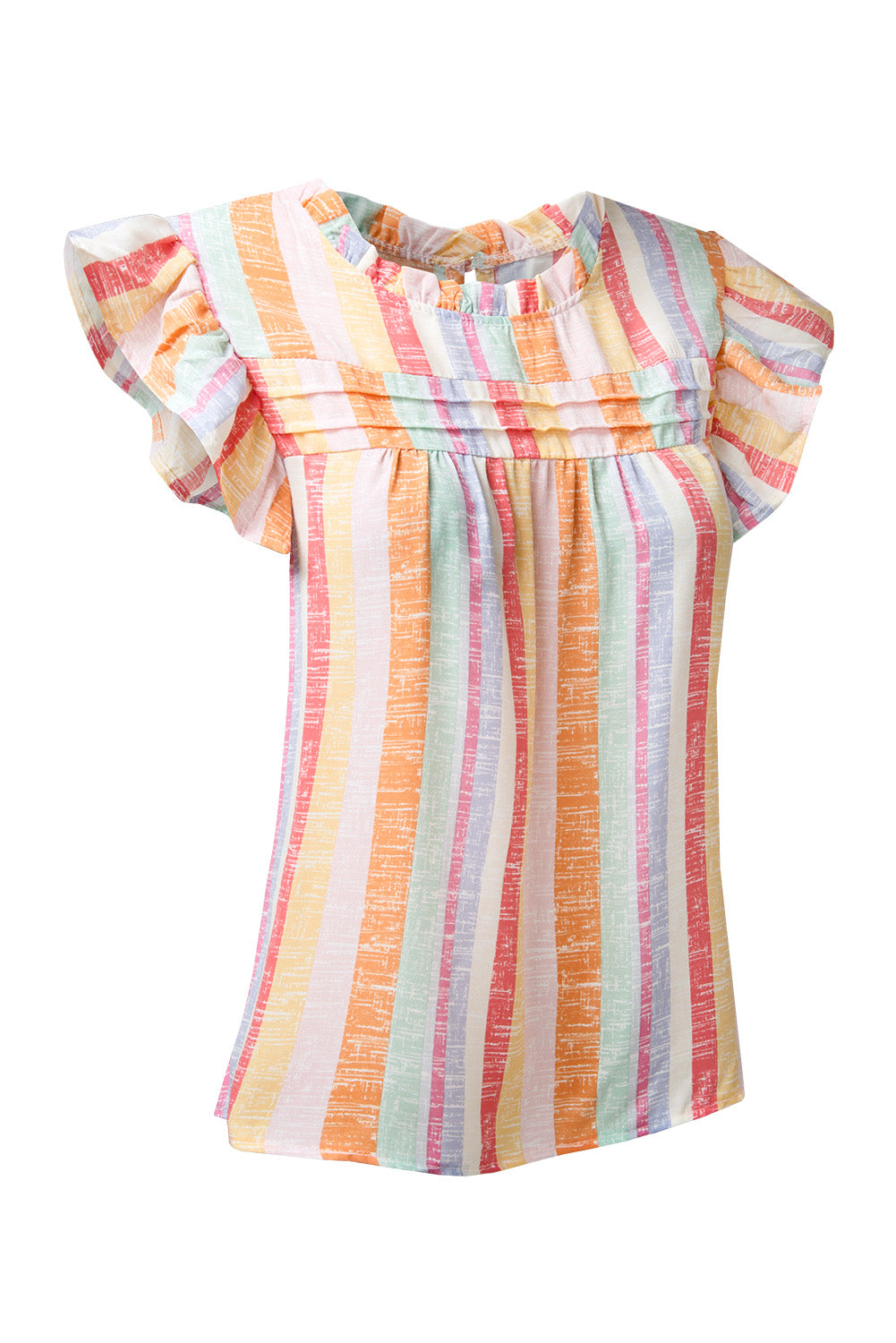 Blusa con manga casquillo y cuello redondo a rayas con volantes