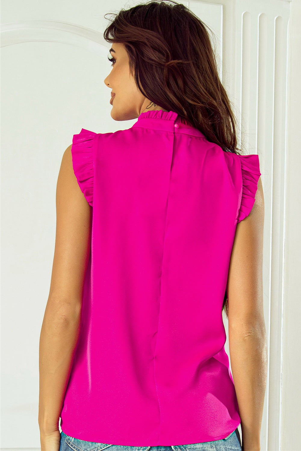 Ruffled Mock Neck Cap Sleeve Blouse