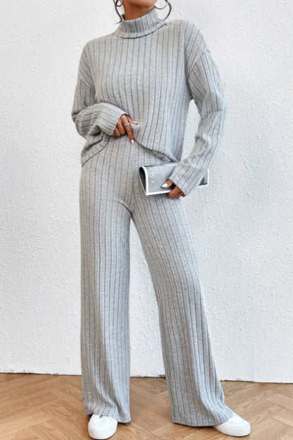 Mock Neck Dropped Shoulder Top and Pants Set