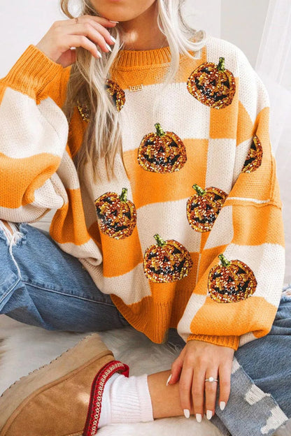 Pumpkin Checkered Round Neck Long Sleeve Sweater