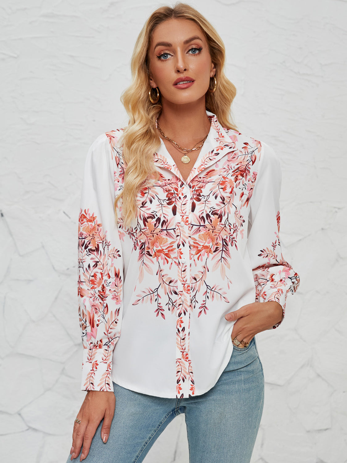Printed Collared Neck Lantern Sleeve Shirt