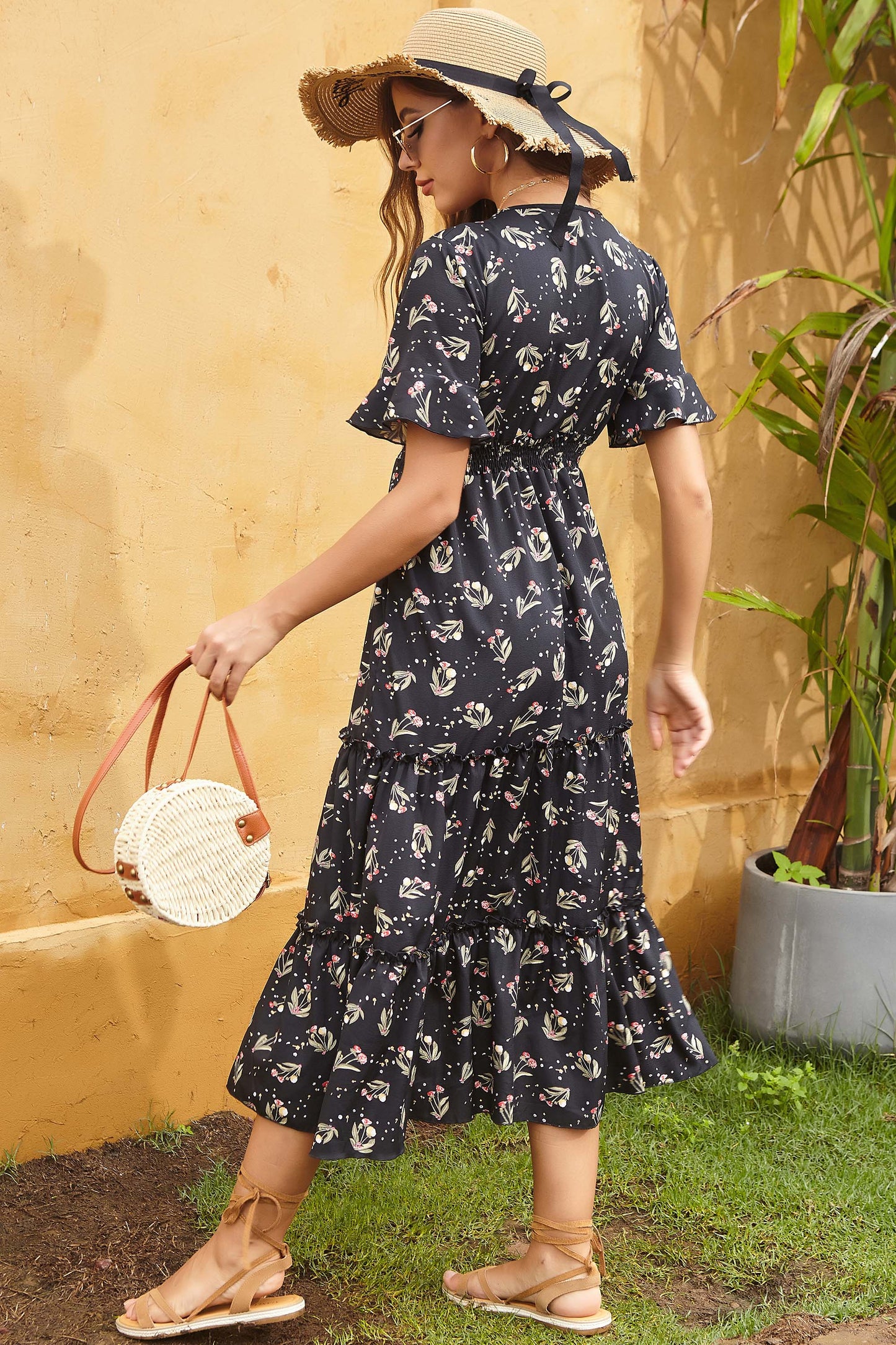 Perfee Printed Tied V-Neck Short Sleeve Midi Dress