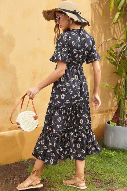 Perfee Printed Tied V-Neck Short Sleeve Midi Dress