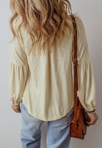 Embroidered Notched Long Sleeve Blouse