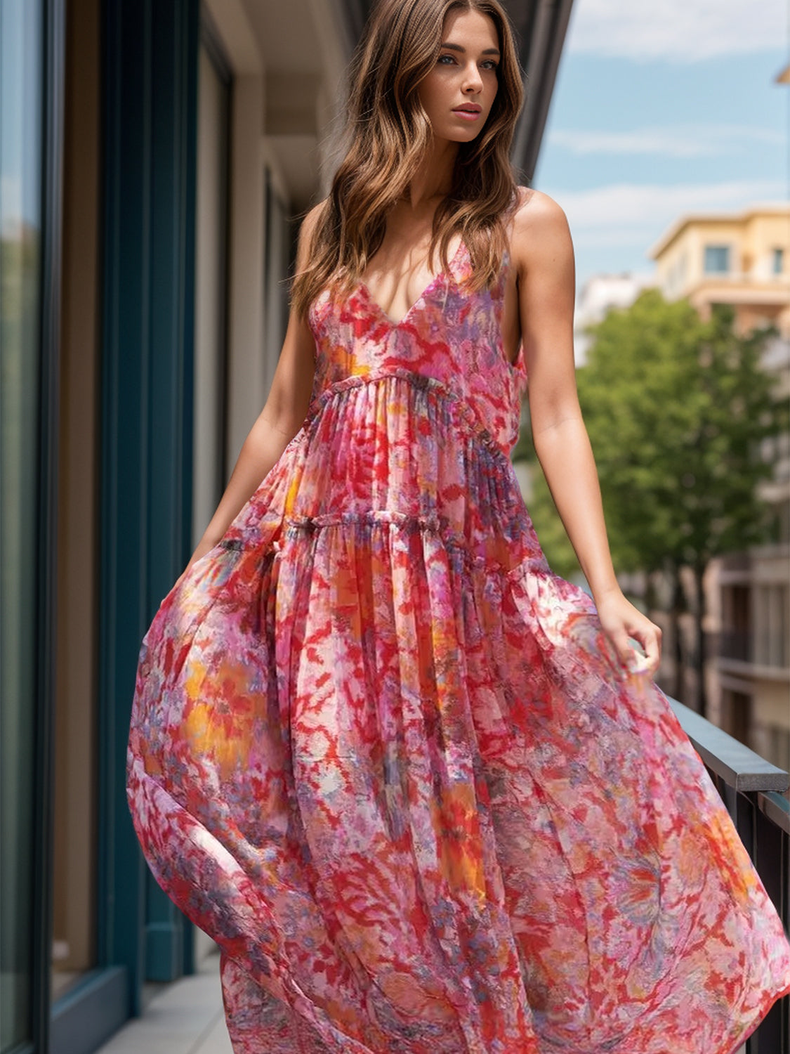 Vestido sin mangas con cuello en V y estampado escalonado