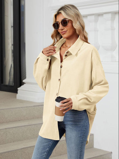 Collared Neck Long Sleeve Dropped Shoulder Shirt