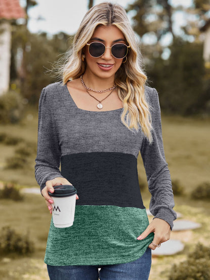 Color Block Square Neck Long Sleeve T-Shirt