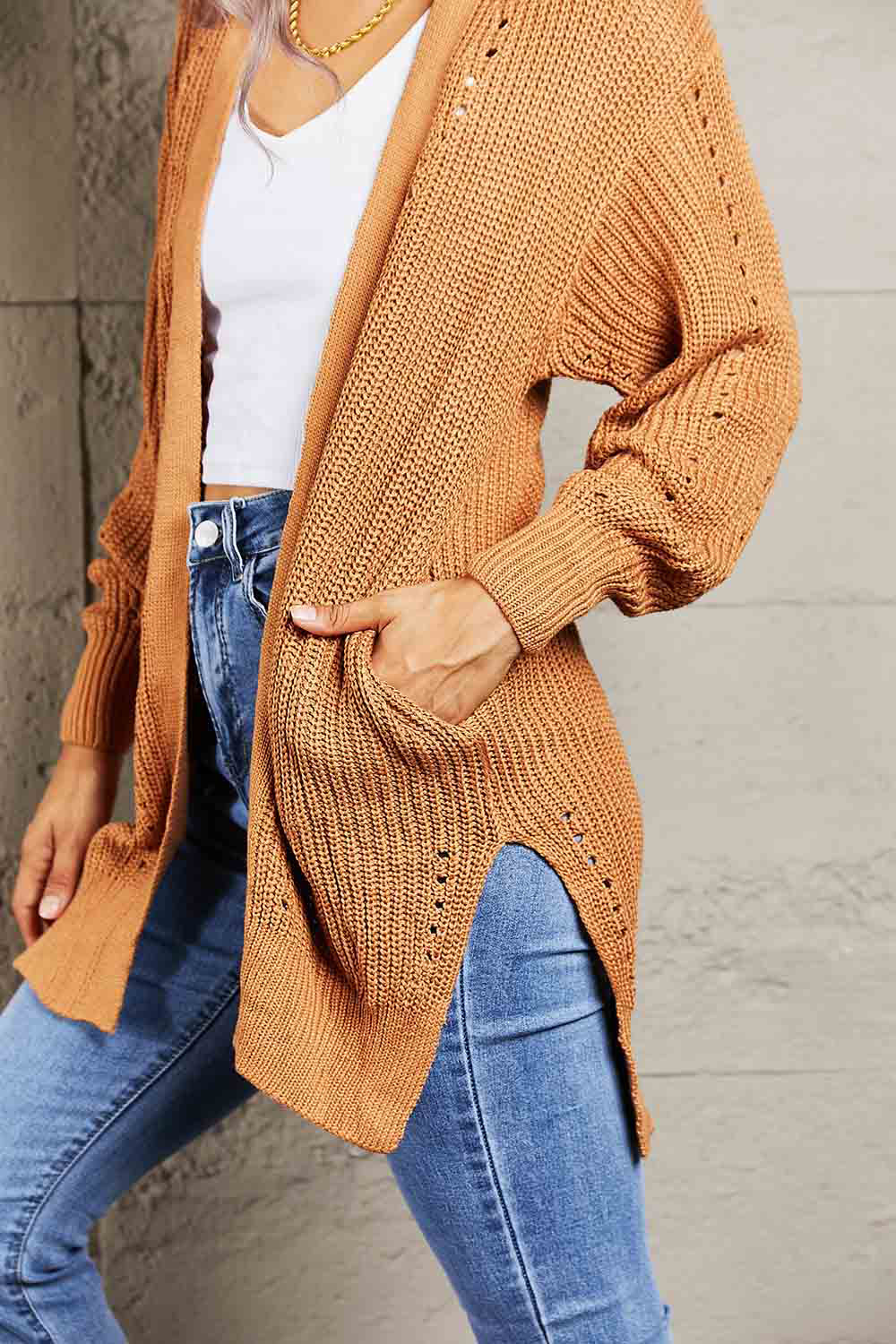 Woven Right Openwork Rib-Knit Slit Cardigan
