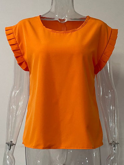 Ruffled Round Neck Cap Sleeve Blouse