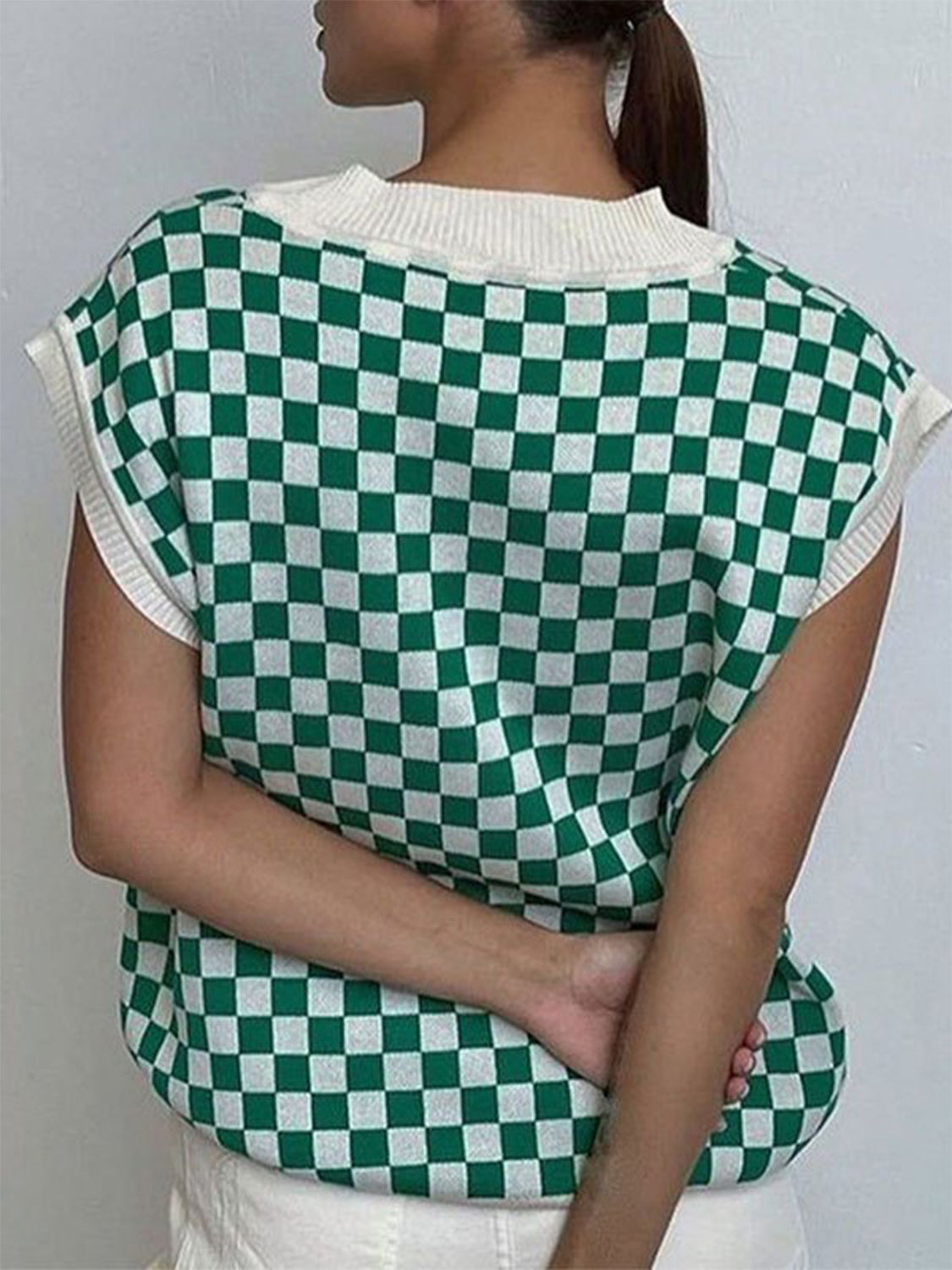 Full Size Checkered V-Neck Cap Sleeve Sweater