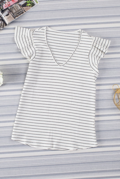 Ruffled Striped V-Neck Cap Sleeve Blouse