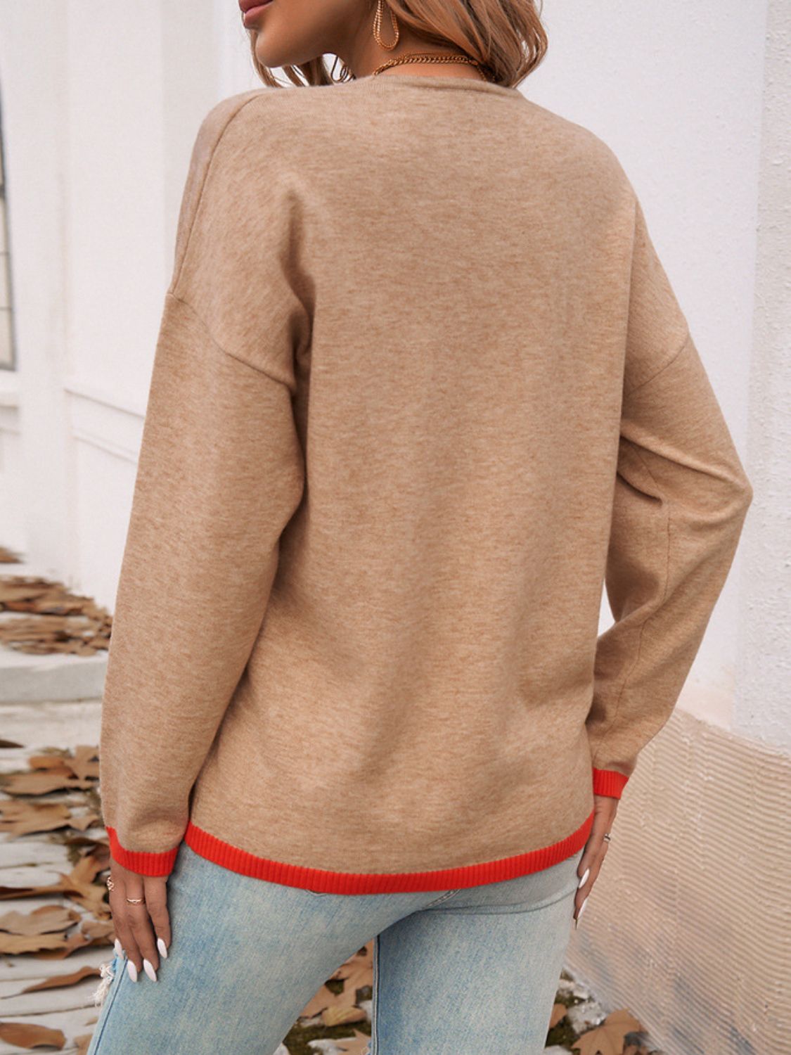 Devine Contrast Trim V-Neck Dropped Shoulder Sweater