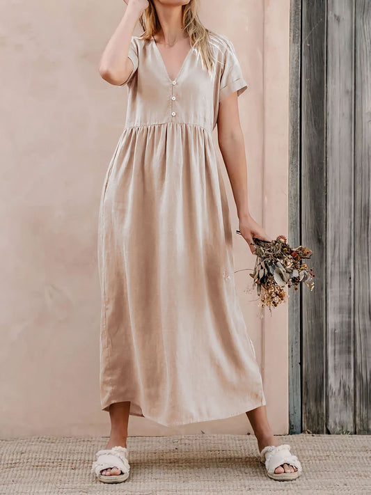 Vestido midi de manga corta con cuello en V