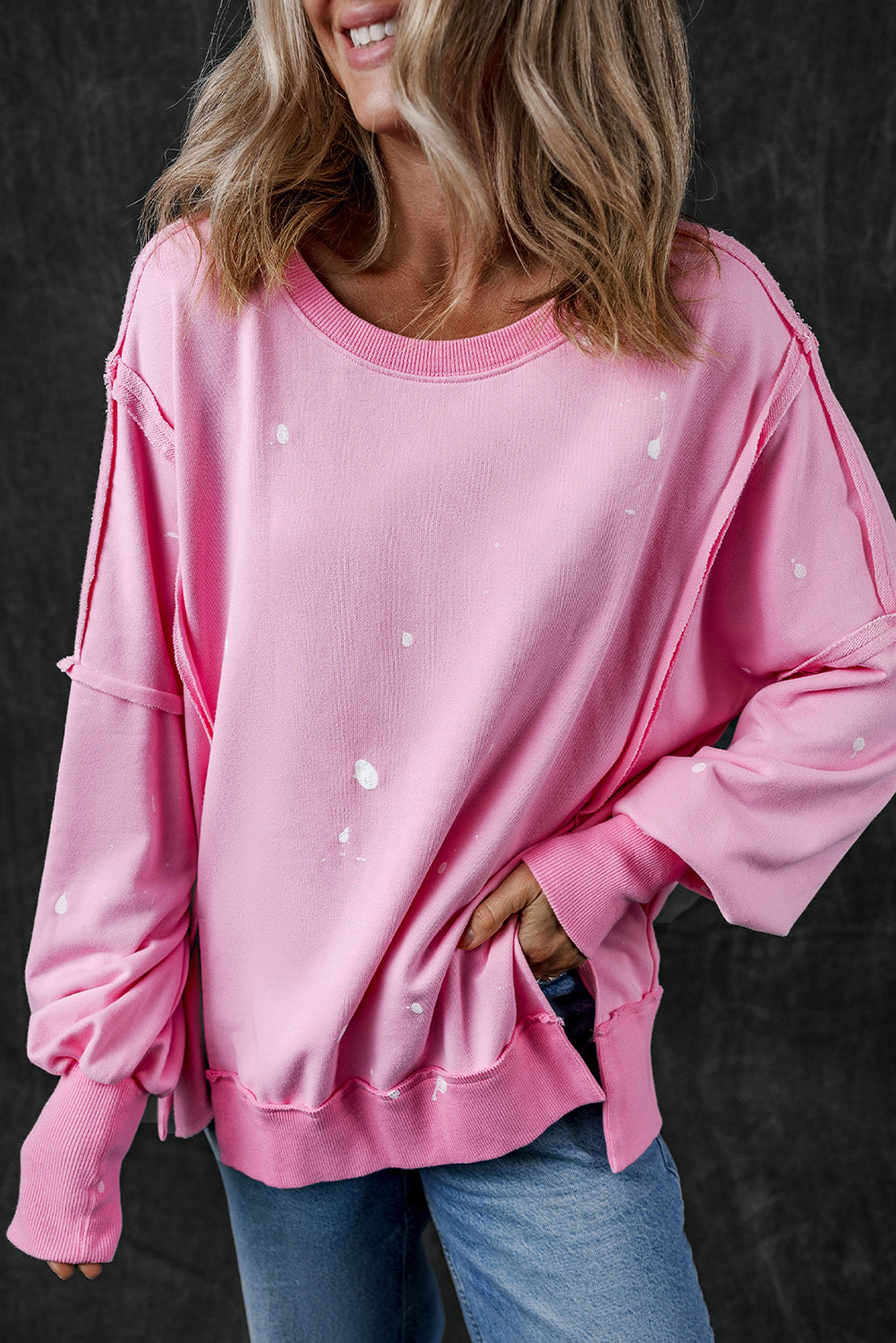 Exposed Seam Splatter Print Round Neck Sweatshirt