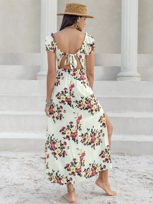 Vestido de manga corta floral con abertura atada