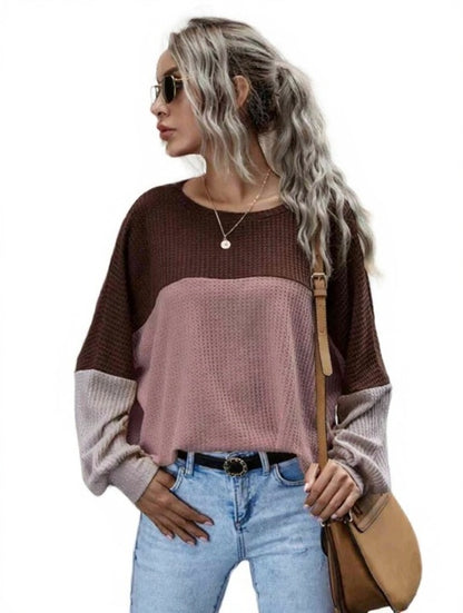 Color Block Waffle-Knit Long Sleeve Top