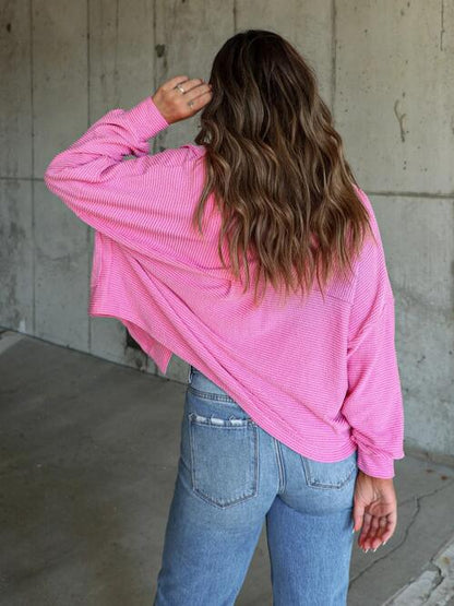 Ribbed Collared Neck Button Up Jacket