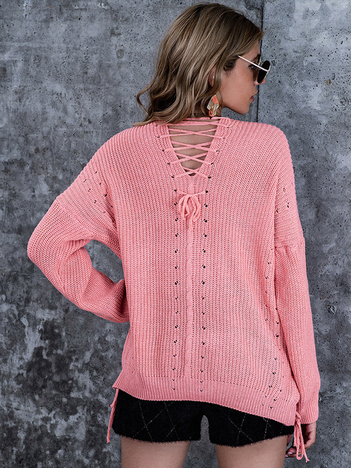 Lace-Up V-Neck Dropped Shoulder Sweater