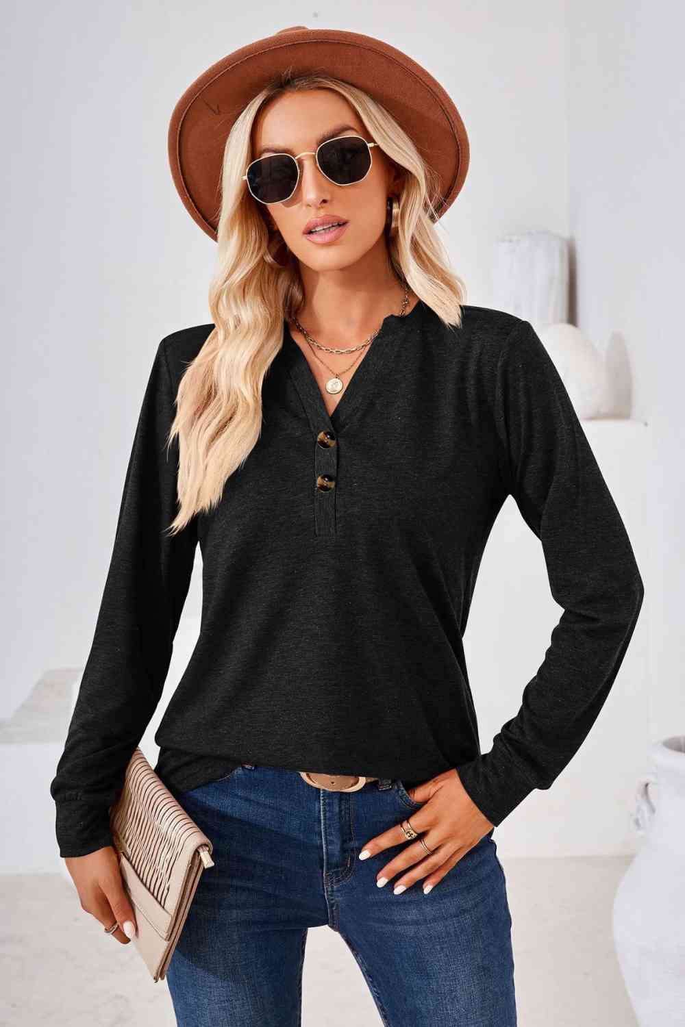 V-Neck Buttoned Long Sleeve Blouse