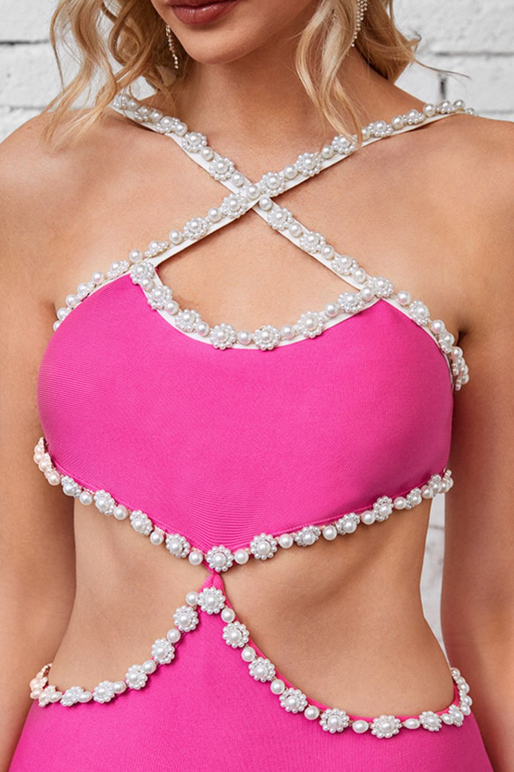 Pearl Trim Cutout Bandage Dress