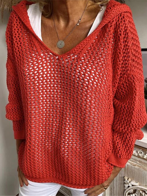 Openwork Hooded Long Sleeve Sweater