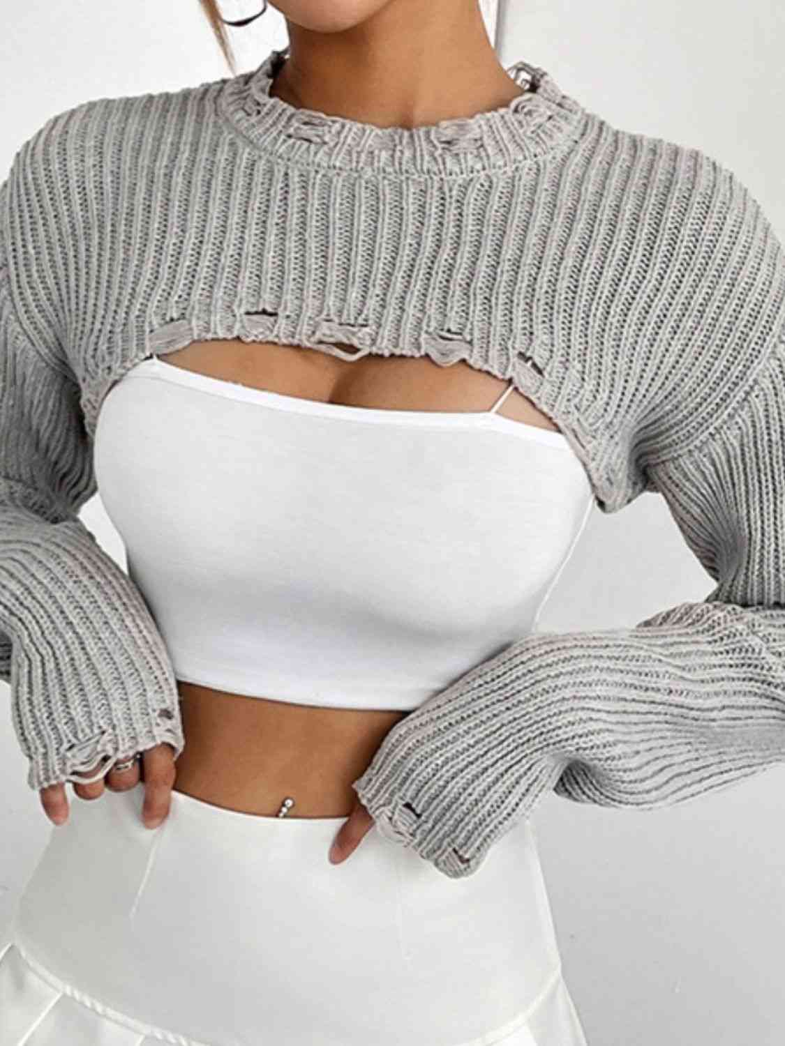 Distressed Long Sleeve Cropped Sweater