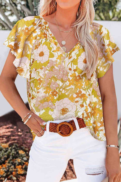 Floral V-Neck Flutter Sleeve Blouse