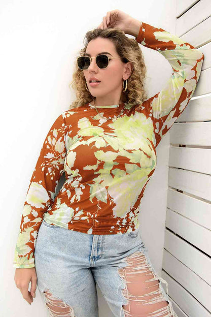 Plus Size Printed Round Neck Long Sleeve Blouse