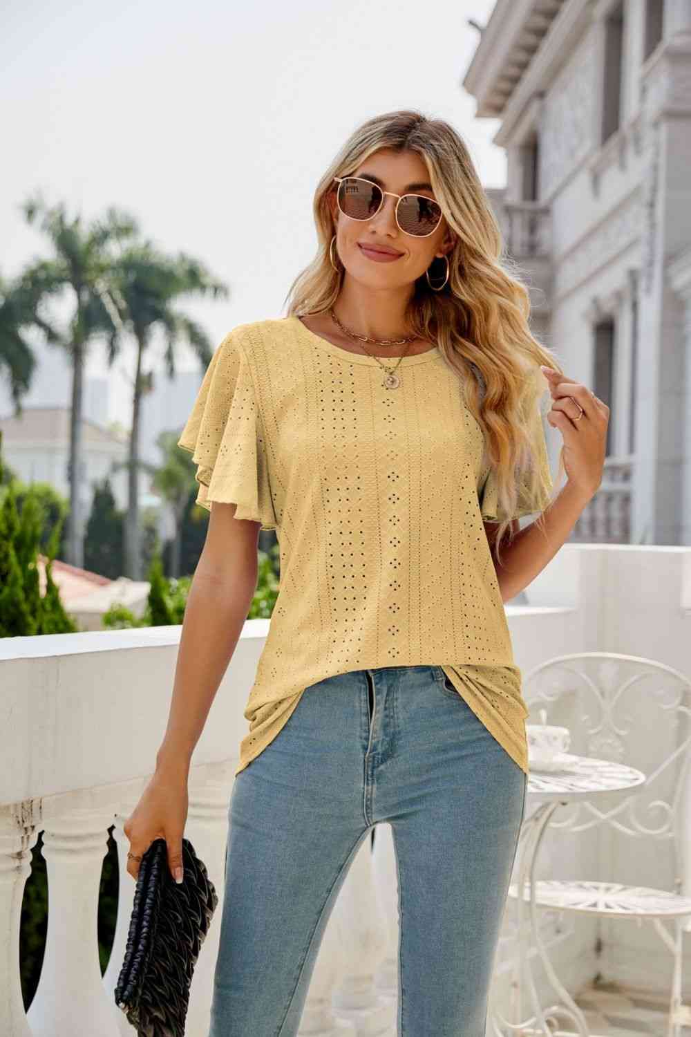 Eyelet Flutter Sleeve Round Neck Top