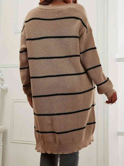 Plus Size Striped Open Front Longline Cardigan