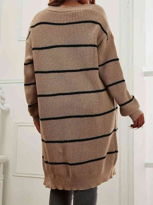 Plus Size Striped Open Front Longline Cardigan