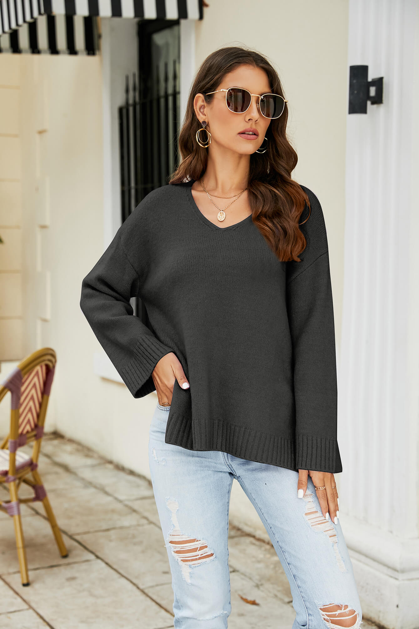 Drop Shoulder V-Neck Knit Pullover