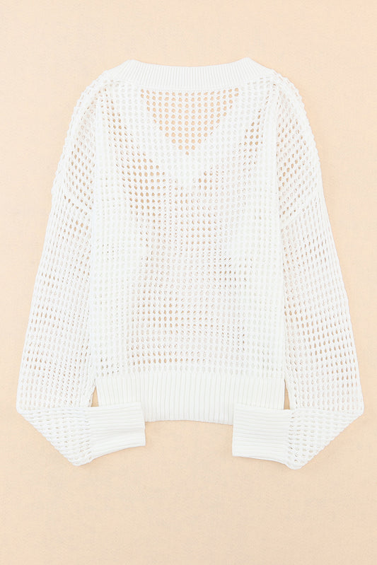 Openwork V-Neck Dropped Shoulder Knit Top