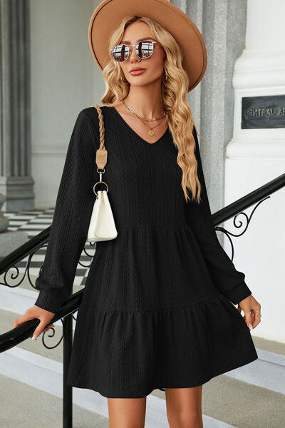 V-Neck Long Sleeve Mini Dress