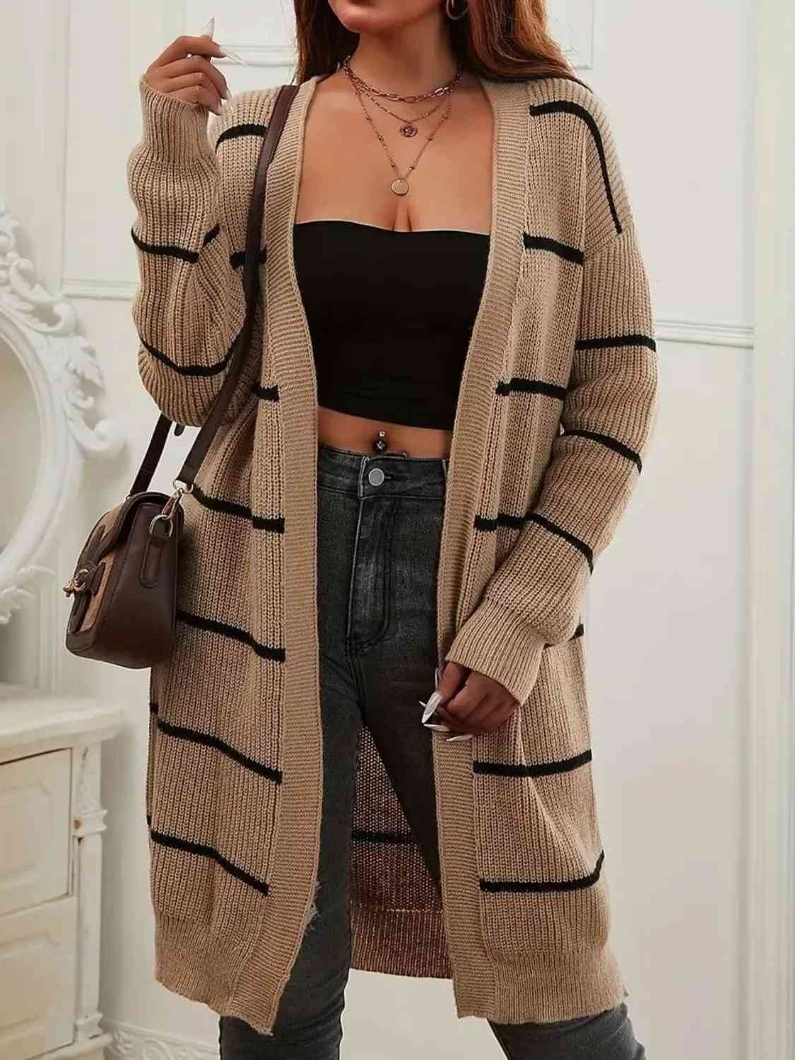 Plus Size Striped Open Front Longline Cardigan