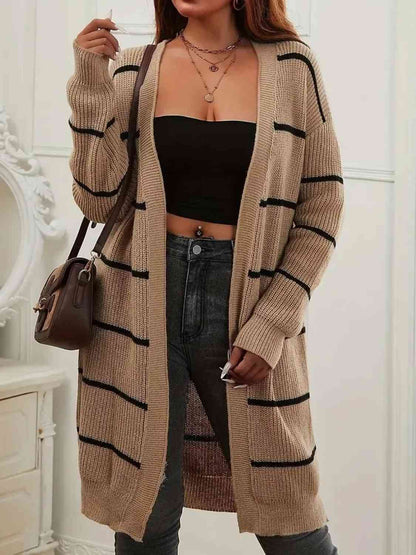 Plus Size Striped Open Front Longline Cardigan