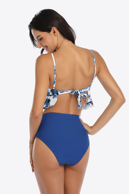 Tropical Print Ruffled Two-Piece Swimsuit