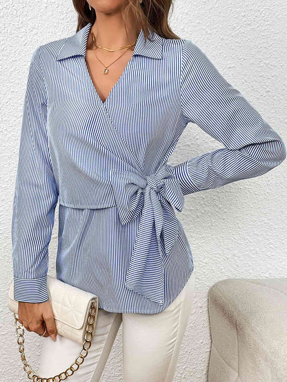 Bow Tie Waist Johnny Collar Neck Striped Blouse